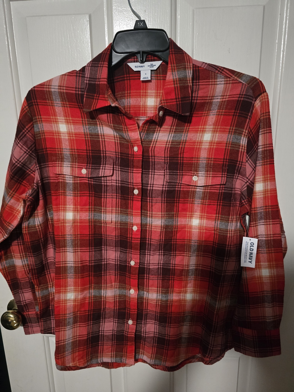 Old Navy Red Plaid Button-Down Shirt with Black and White Accents
